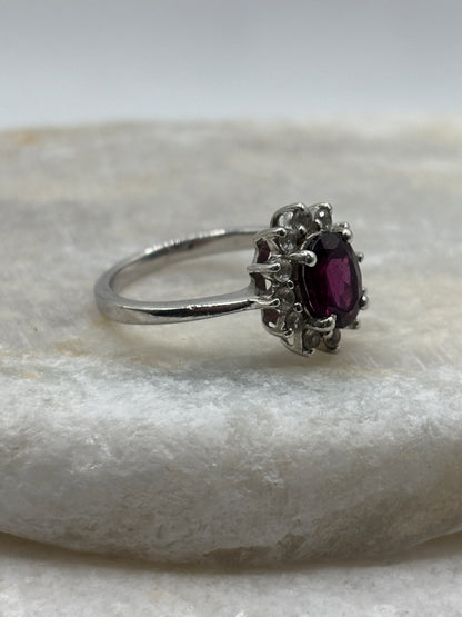 925 Sterling Silver Garnet and White Zircon Halo Ring - Size M