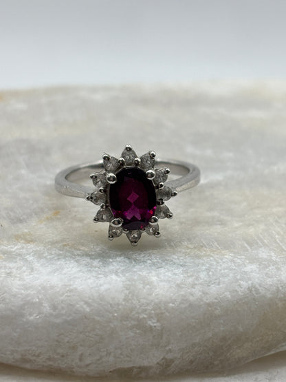 925 Sterling Silver Garnet and White Zircon Halo Ring - Size M