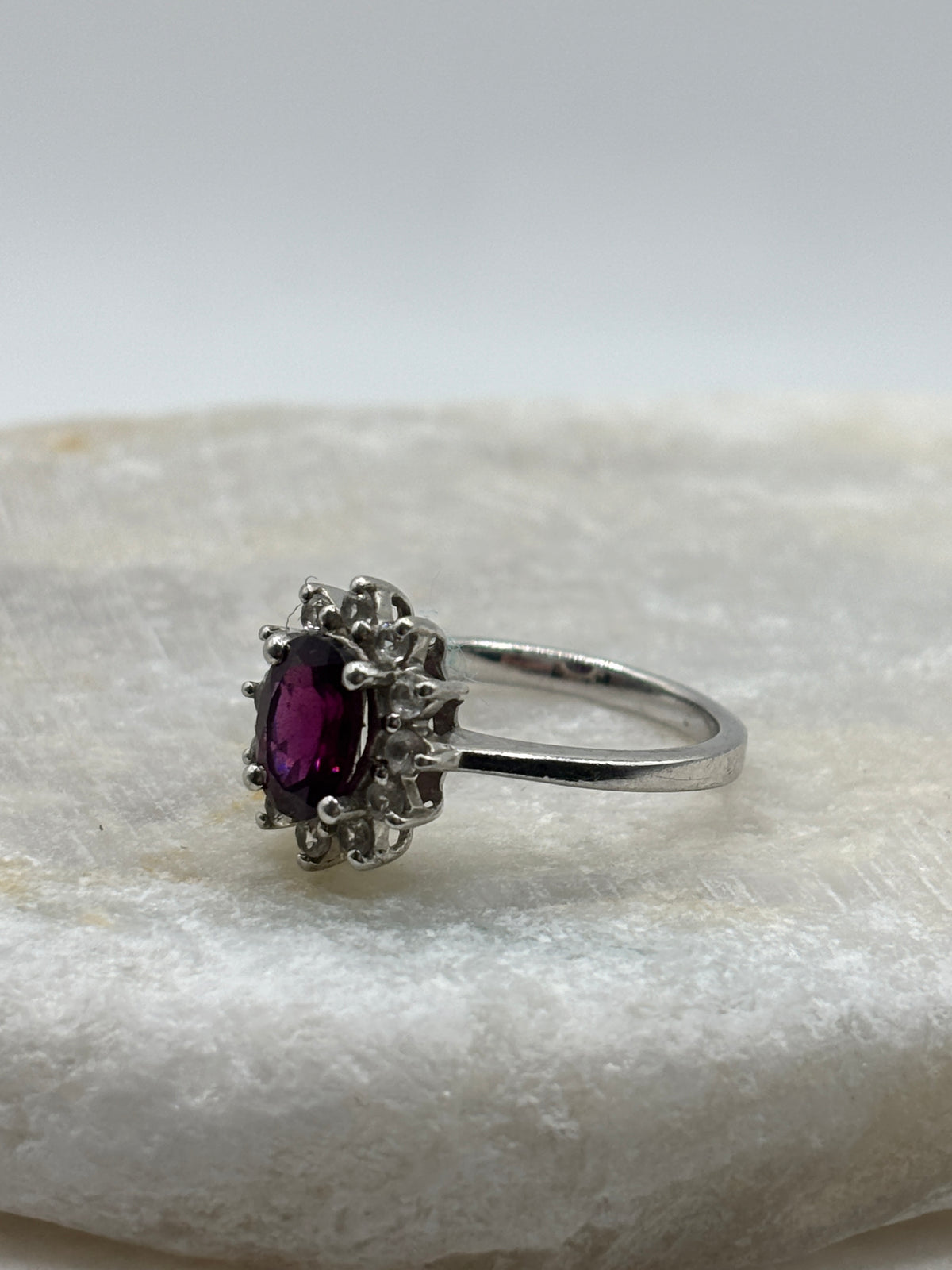 925 Sterling Silver Garnet and White Zircon Halo Ring - Size M