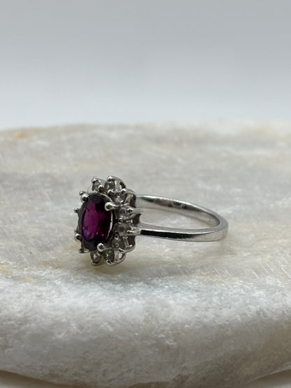925 Sterling Silver Garnet and White Zircon Halo Ring - Size M