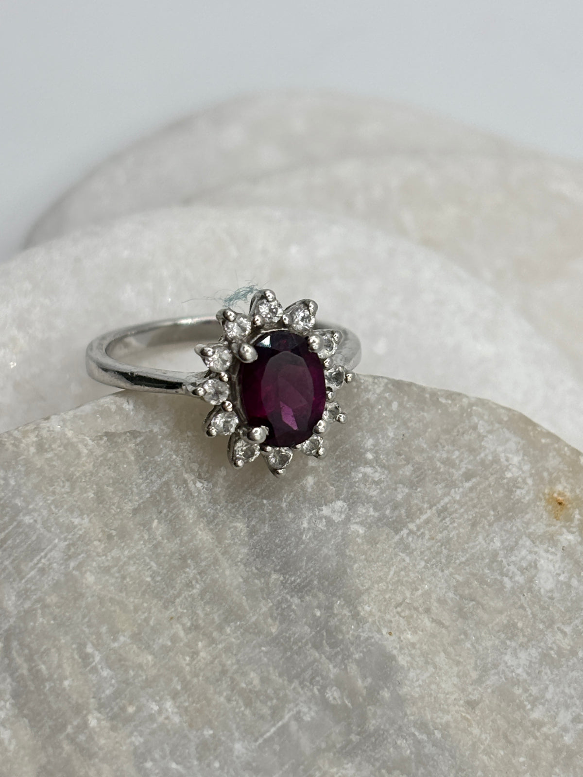925 Sterling Silver Garnet and White Zircon Halo Ring - Size M
