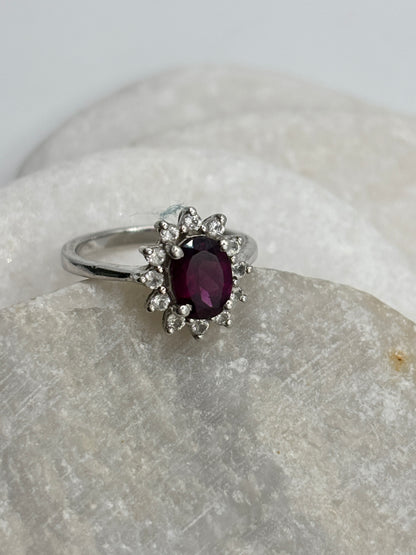 925 Sterling Silver Garnet and White Zircon Halo Ring - Size M