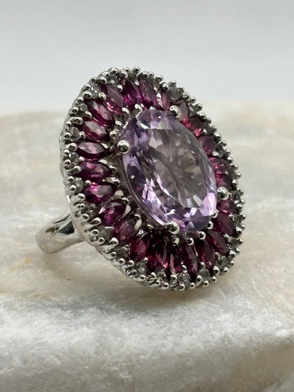 Vintage 925 Sterling Silver Amethyst and Pink Tourmaline Large Statement Halo Ring - Size K