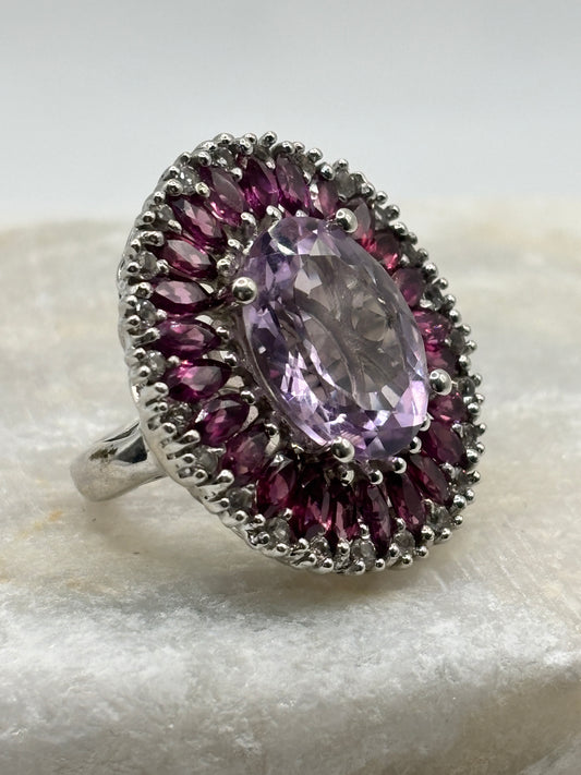 Vintage 925 Sterling Silver Amethyst and Pink Tourmaline Large Statement Halo Ring - Size K