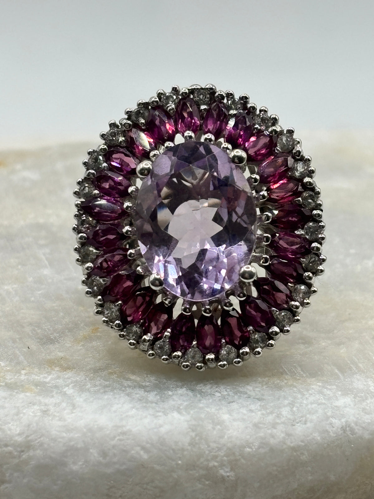 Vintage 925 Sterling Silver Amethyst and Pink Tourmaline Large Statement Halo Ring - Size K