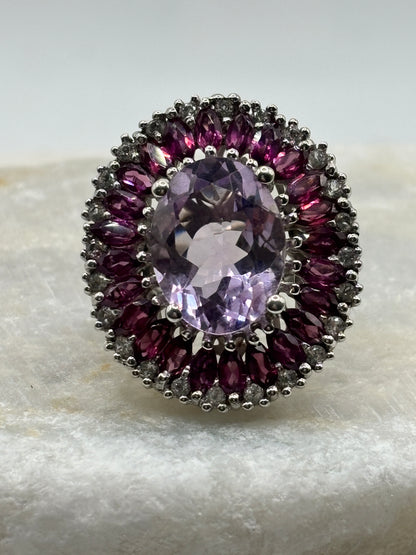 Vintage 925 Sterling Silver Amethyst and Pink Tourmaline Large Statement Halo Ring - Size K
