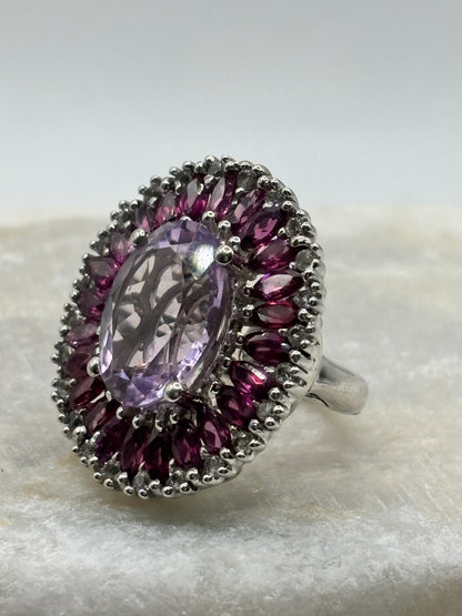 Vintage 925 Sterling Silver Amethyst and Pink Tourmaline Large Statement Halo Ring - Size K