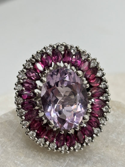 Vintage 925 Sterling Silver Amethyst and Pink Tourmaline Large Statement Halo Ring - Size K