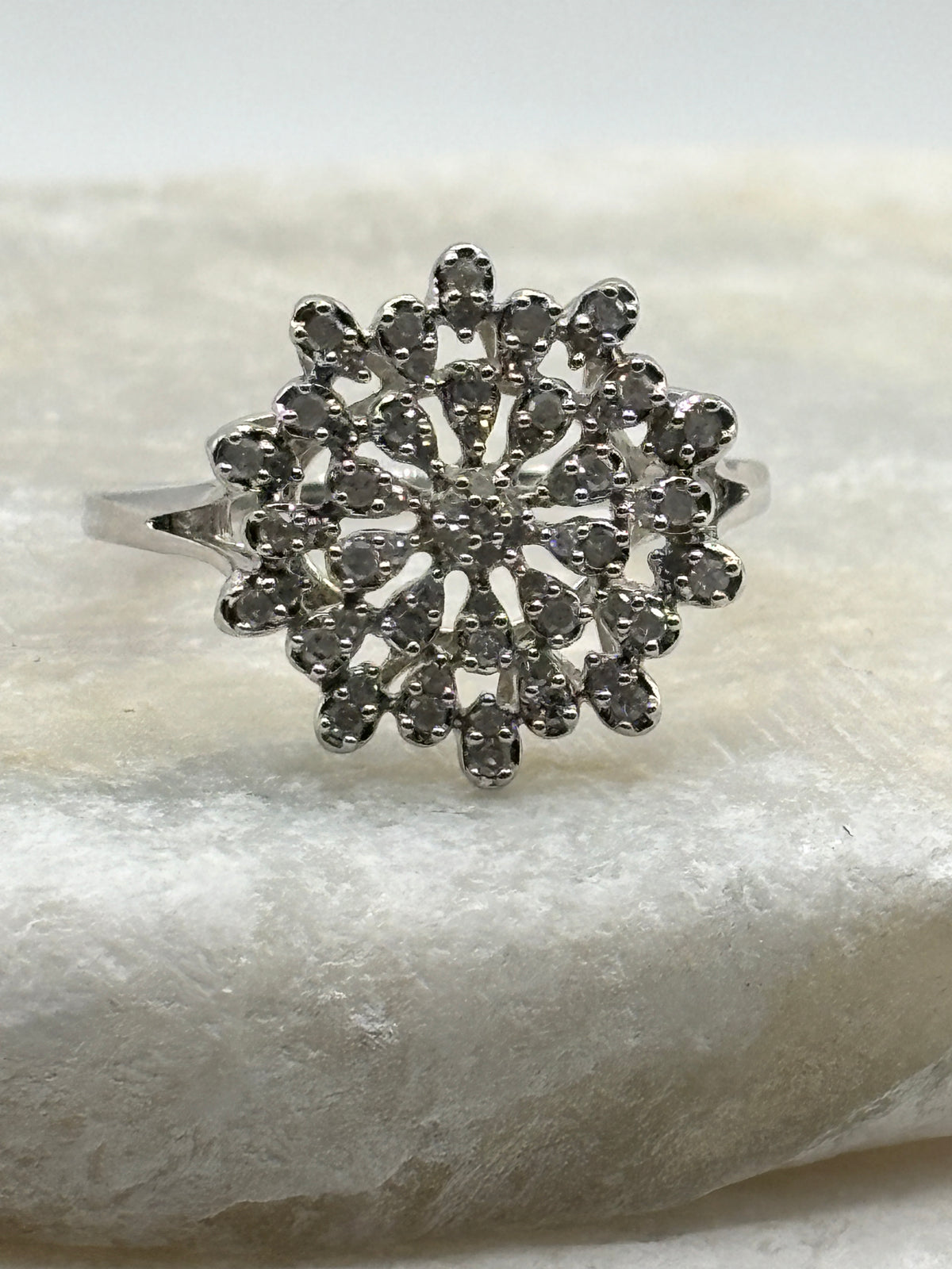 925 Sterling Silver Diamond Cluster Ring - Size S.5