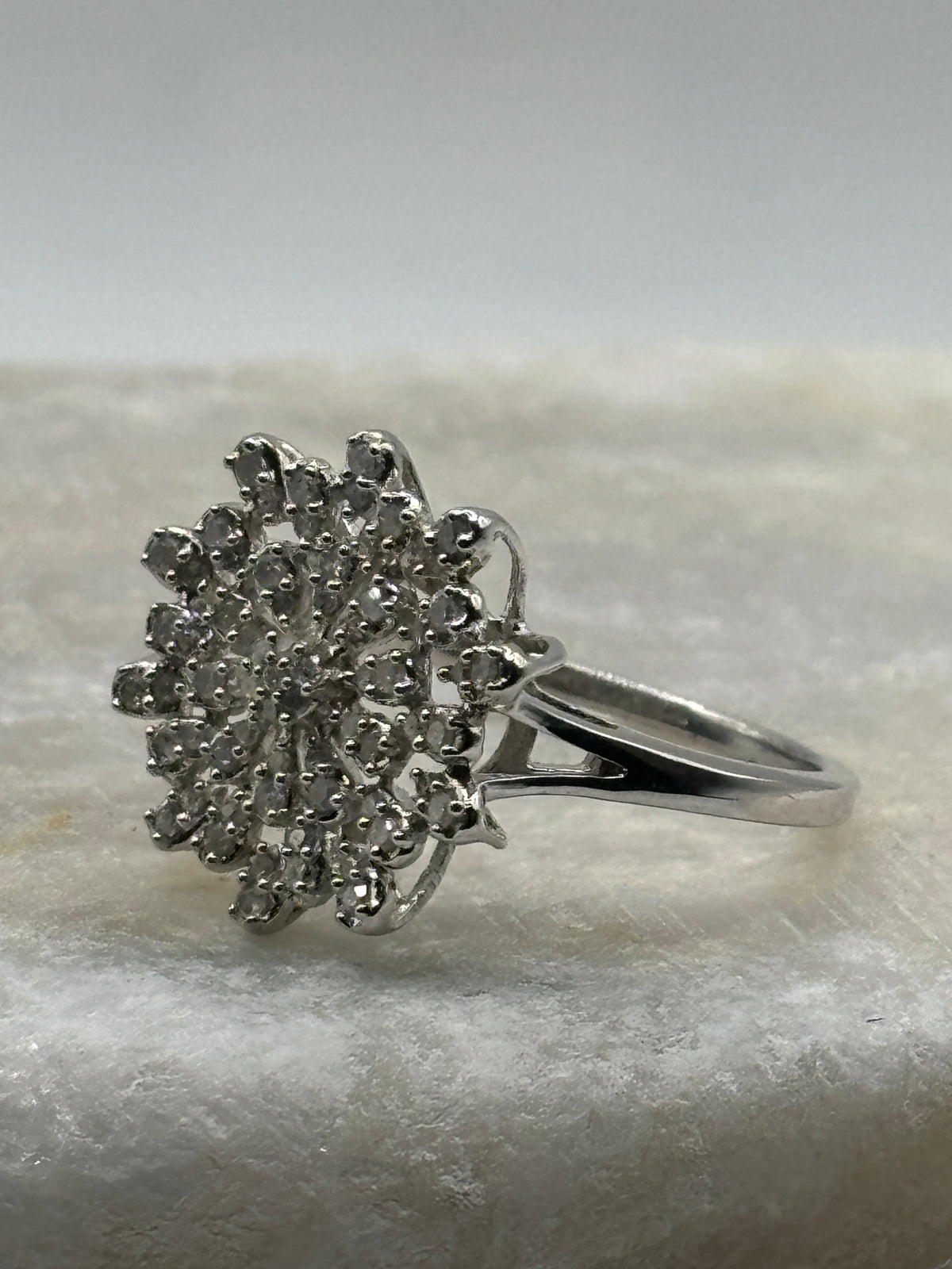 925 Sterling Silver Diamond Cluster Ring - Size S.5
