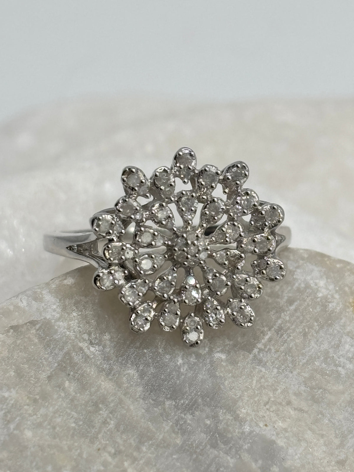 925 Sterling Silver Diamond Cluster Ring - Size S.5
