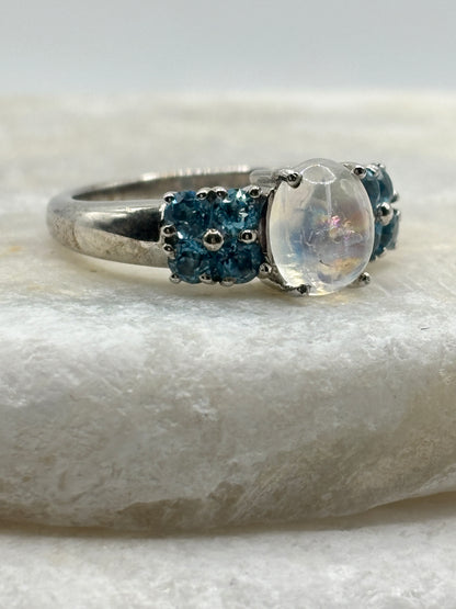 925 Sterling Silver Moonstone and Aquamarine Statement Ring - Size S