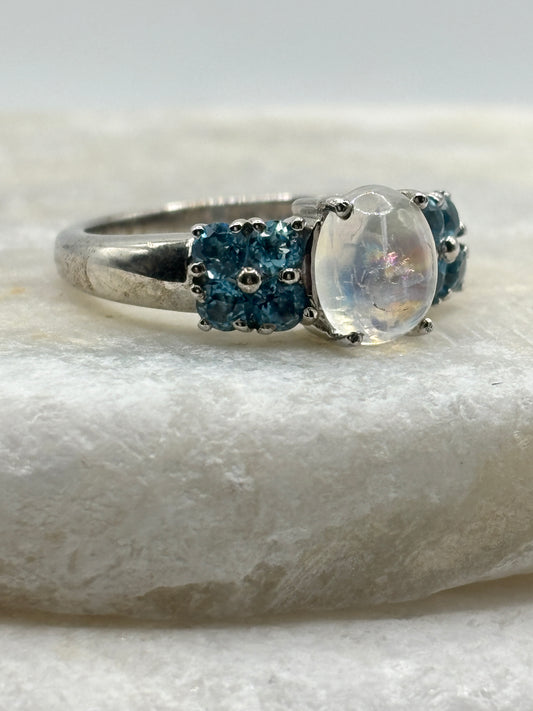 925 Sterling Silver Moonstone and Aquamarine Statement Ring - Size S