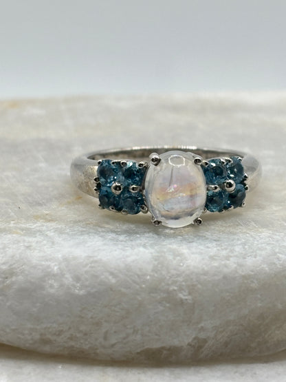 925 Sterling Silver Moonstone and Aquamarine Statement Ring - Size S