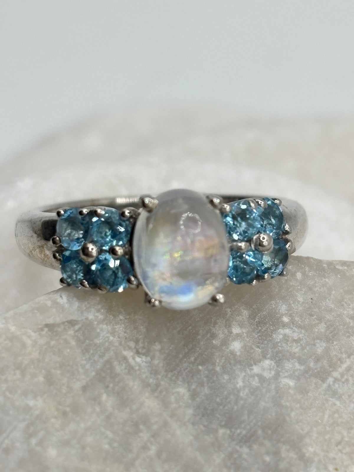 925 Sterling Silver Moonstone and Aquamarine Statement Ring - Size S