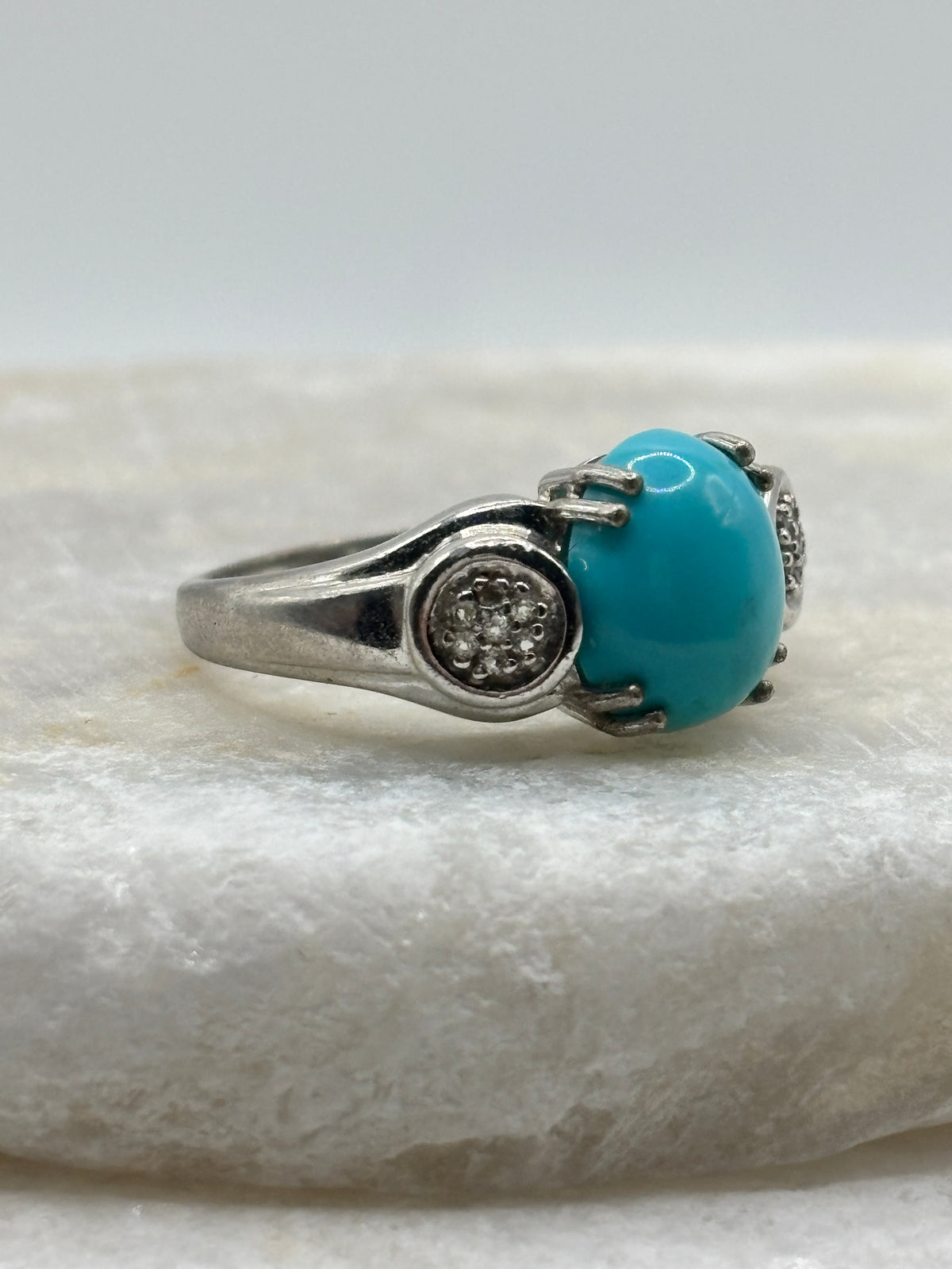 Vintage 925 Sterling Silver Turquoise and Diamond Accented Statement Ring - Size Q