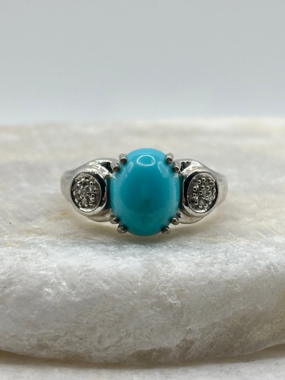 Vintage 925 Sterling Silver Turquoise and Diamond Accented Statement Ring - Size Q