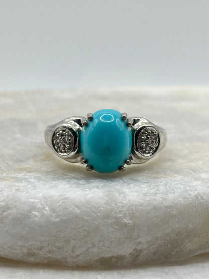 Vintage 925 Sterling Silver Turquoise and Diamond Accented Statement Ring - Size Q