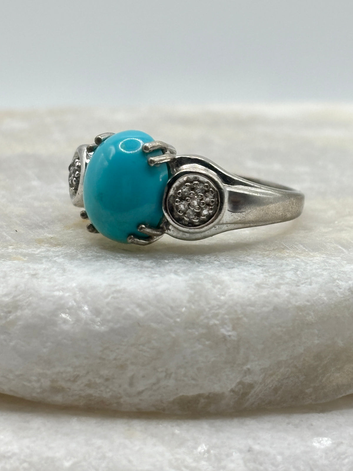 Vintage 925 Sterling Silver Turquoise and Diamond Accented Statement Ring - Size Q