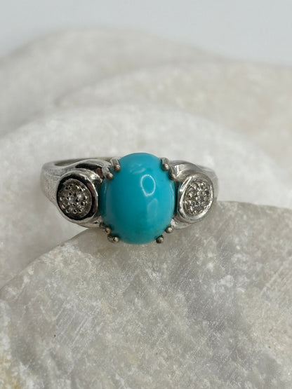 Vintage 925 Sterling Silver Turquoise and Diamond Accented Statement Ring - Size Q