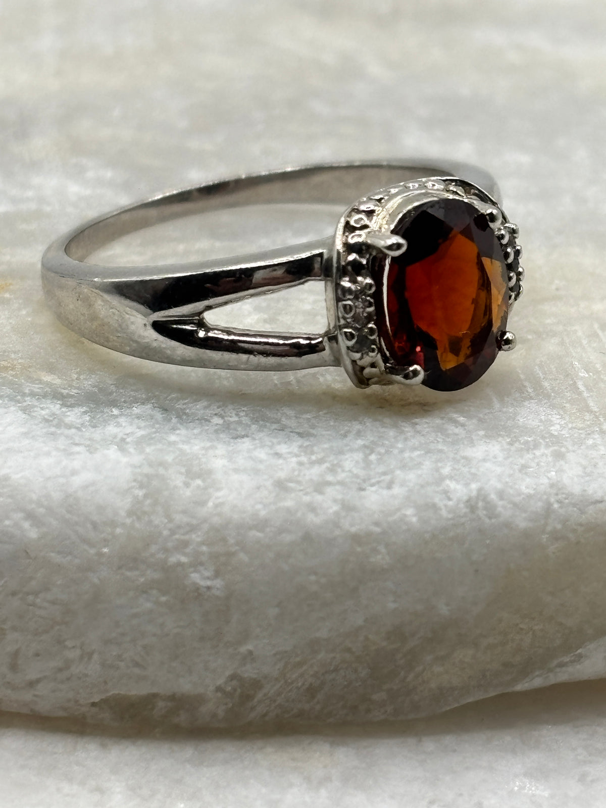 925 Sterling Silver Garnet and White Zircon Halo Ring - Size S.5