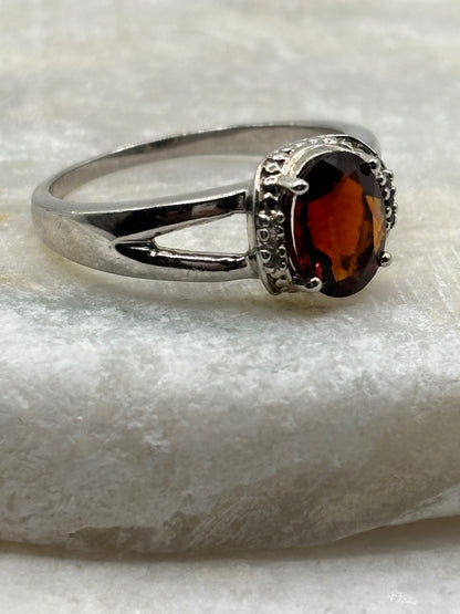 925 Sterling Silver Garnet and White Zircon Halo Ring - Size S.5