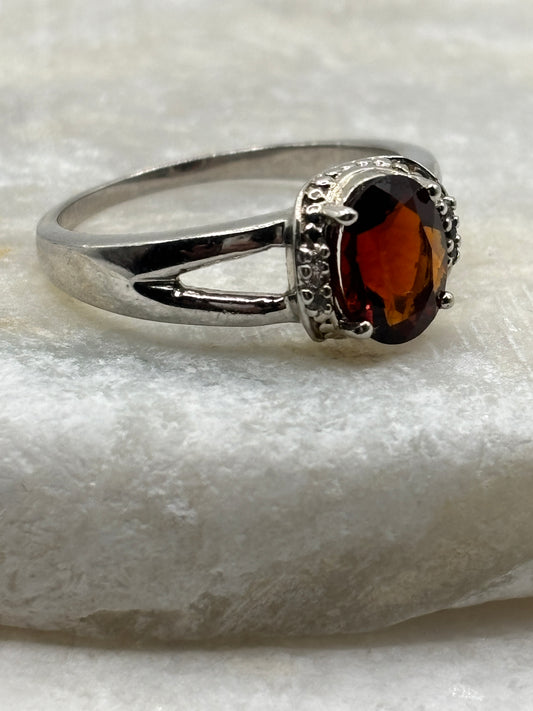 925 Sterling Silver Garnet and White Zircon Halo Ring - Size S.5