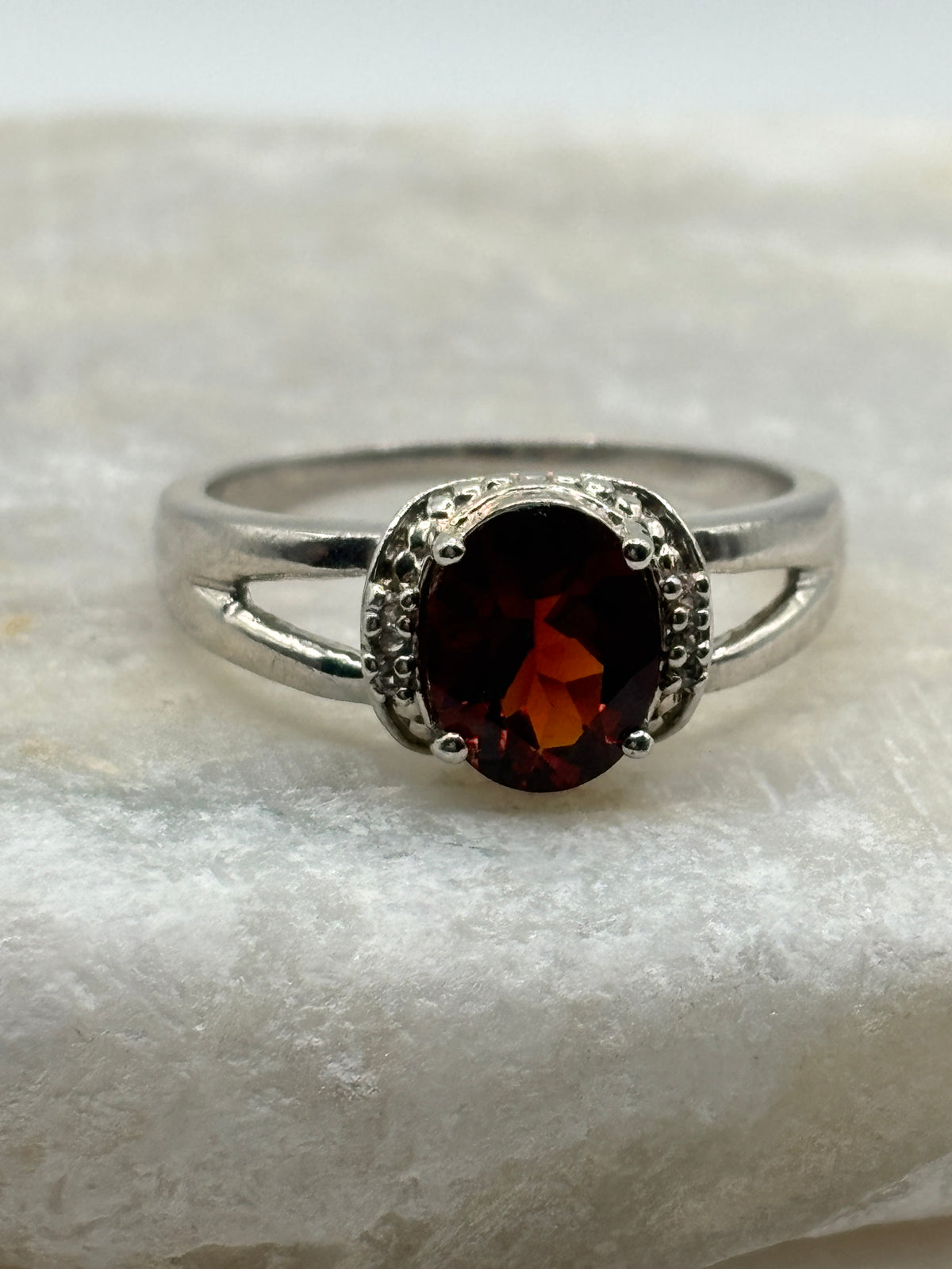 925 Sterling Silver Garnet and White Zircon Halo Ring - Size S.5