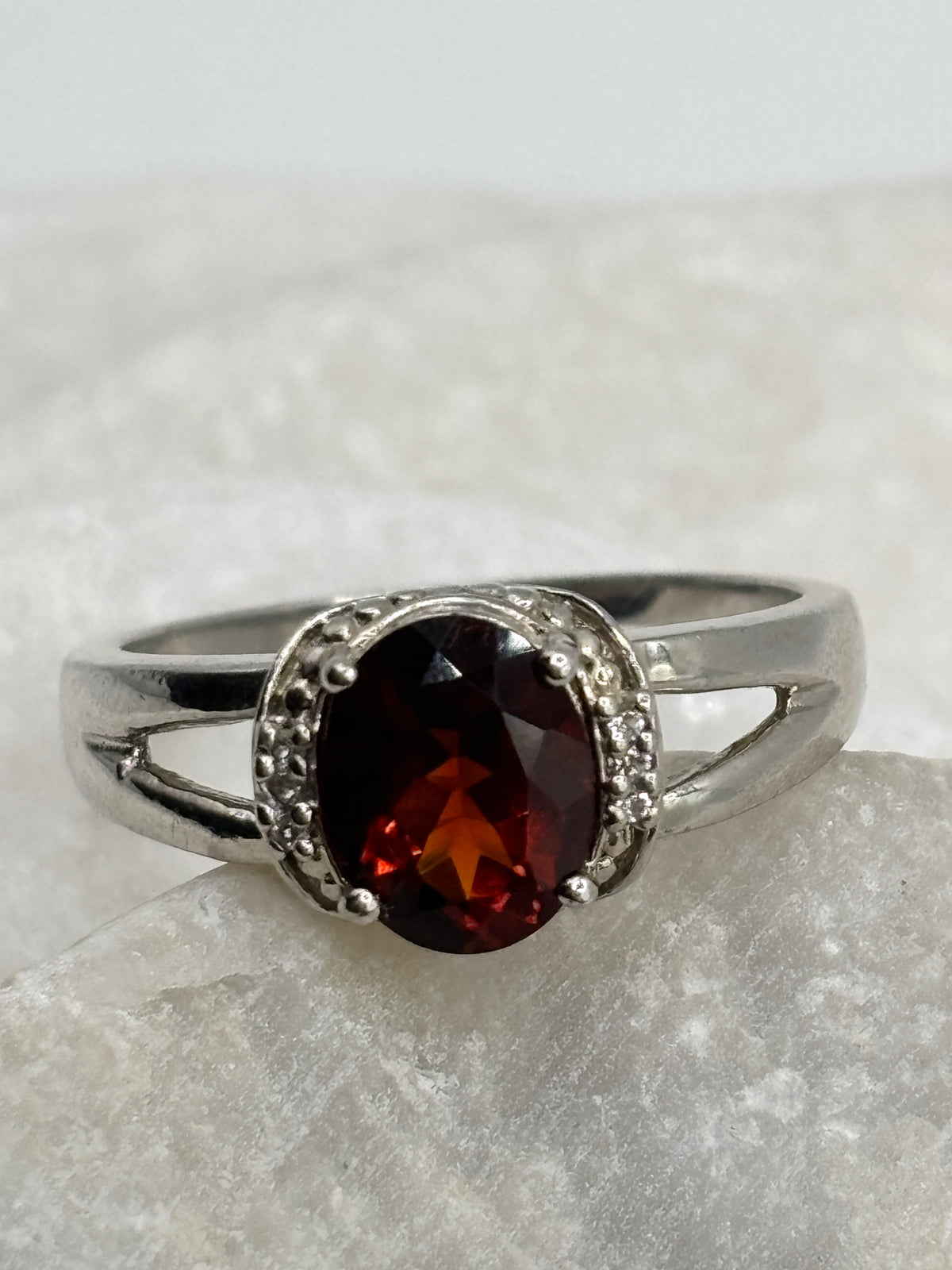 925 Sterling Silver Garnet and White Zircon Halo Ring - Size S.5