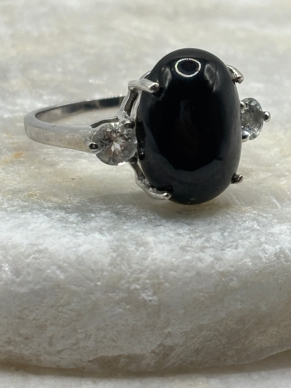 925 Sterling Silver Black Star Sapphire and Moissanite Ring - Size O