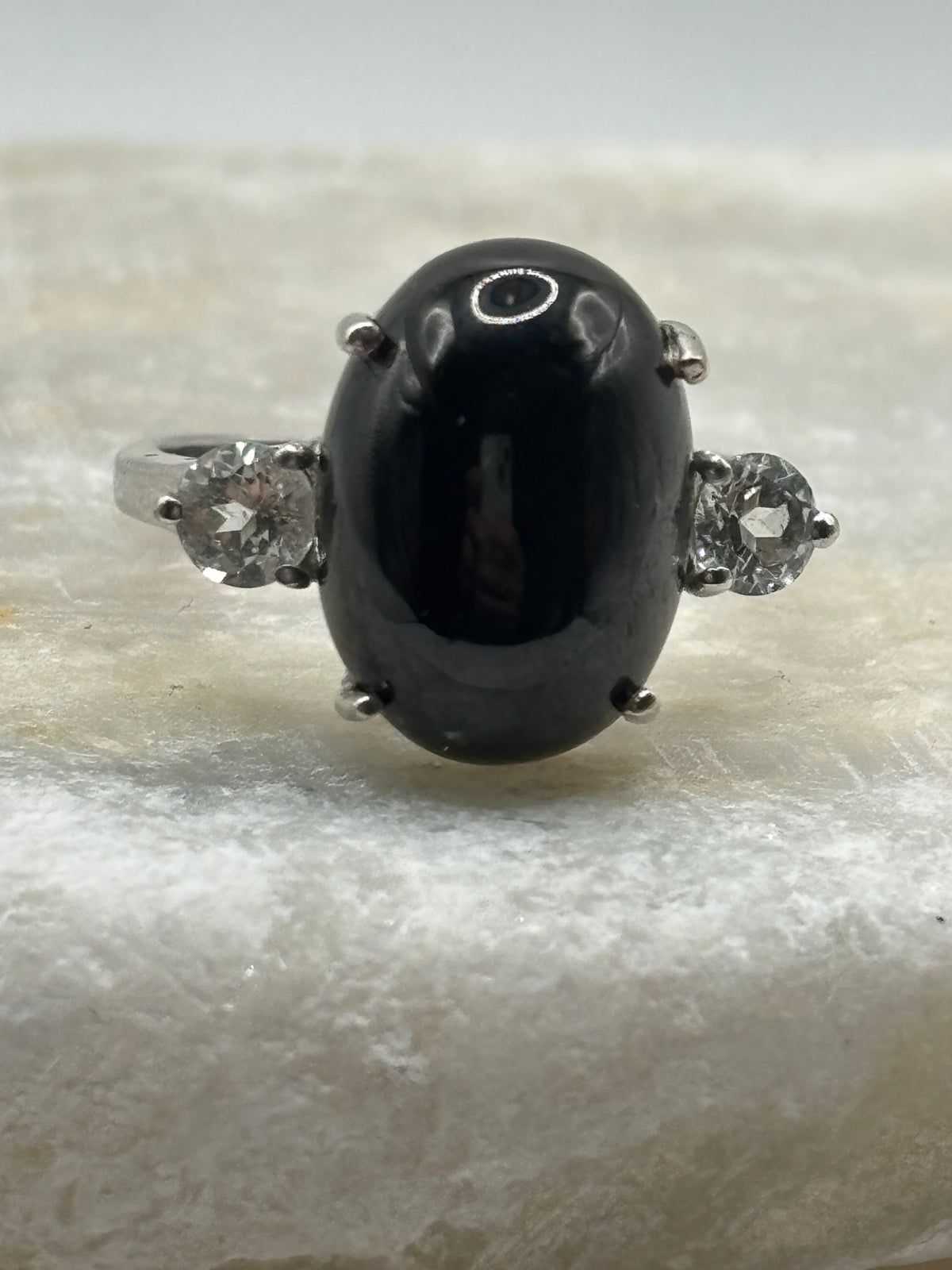 925 Sterling Silver Black Star Sapphire and Moissanite Ring - Size O