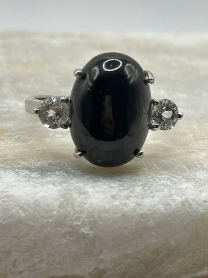925 Sterling Silver Black Star Sapphire and Moissanite Ring - Size O