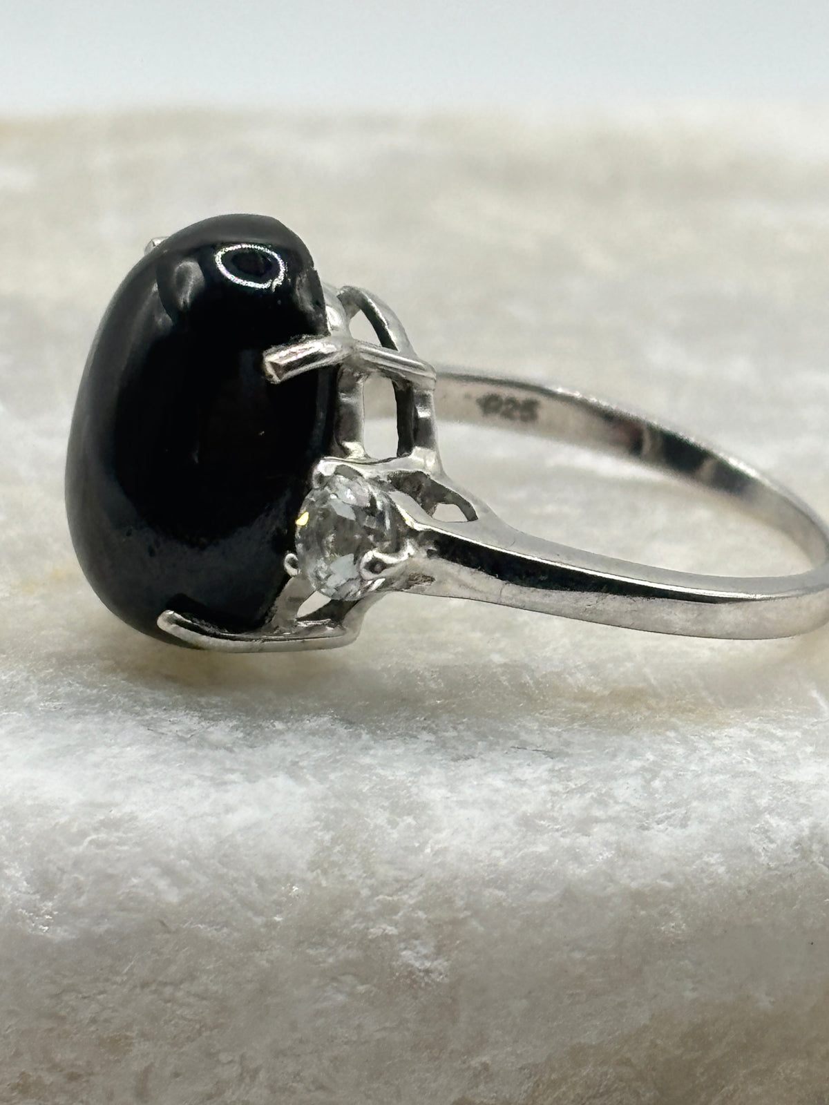 925 Sterling Silver Black Star Sapphire and Moissanite Ring - Size O