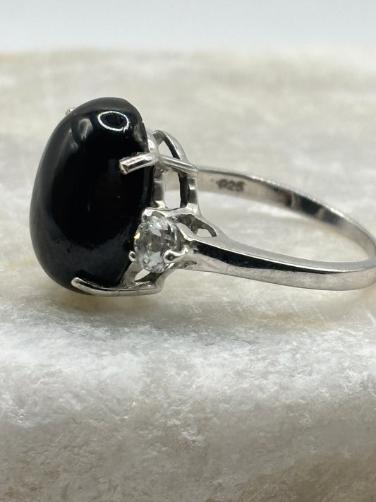 925 Sterling Silver Black Star Sapphire and Moissanite Ring - Size O