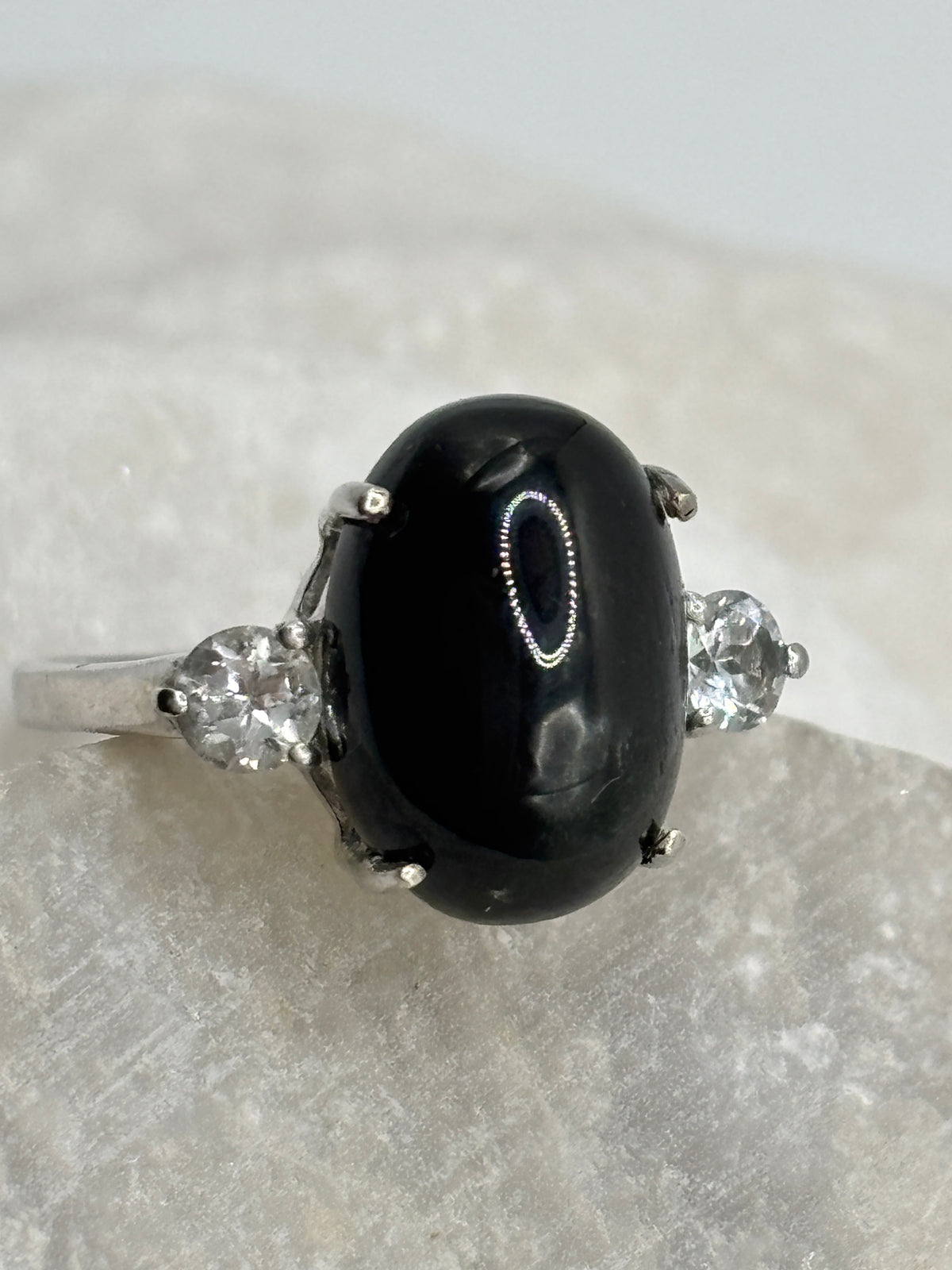 925 Sterling Silver Black Star Sapphire and Moissanite Ring - Size O