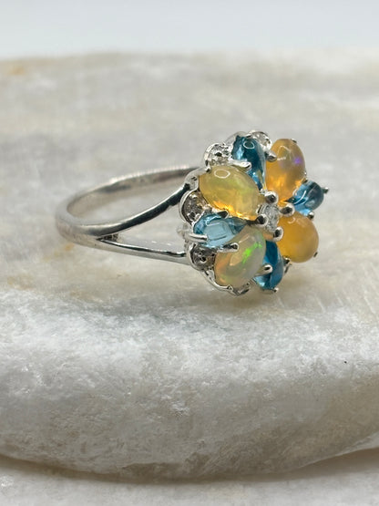 925 Sterling Silver Opal, Blue Appatite and Diamond Accented Statement Ring - Size S