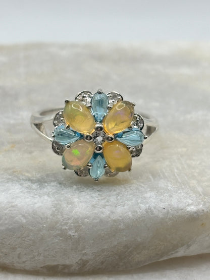 925 Sterling Silver Opal, Blue Appatite and Diamond Accented Statement Ring - Size S