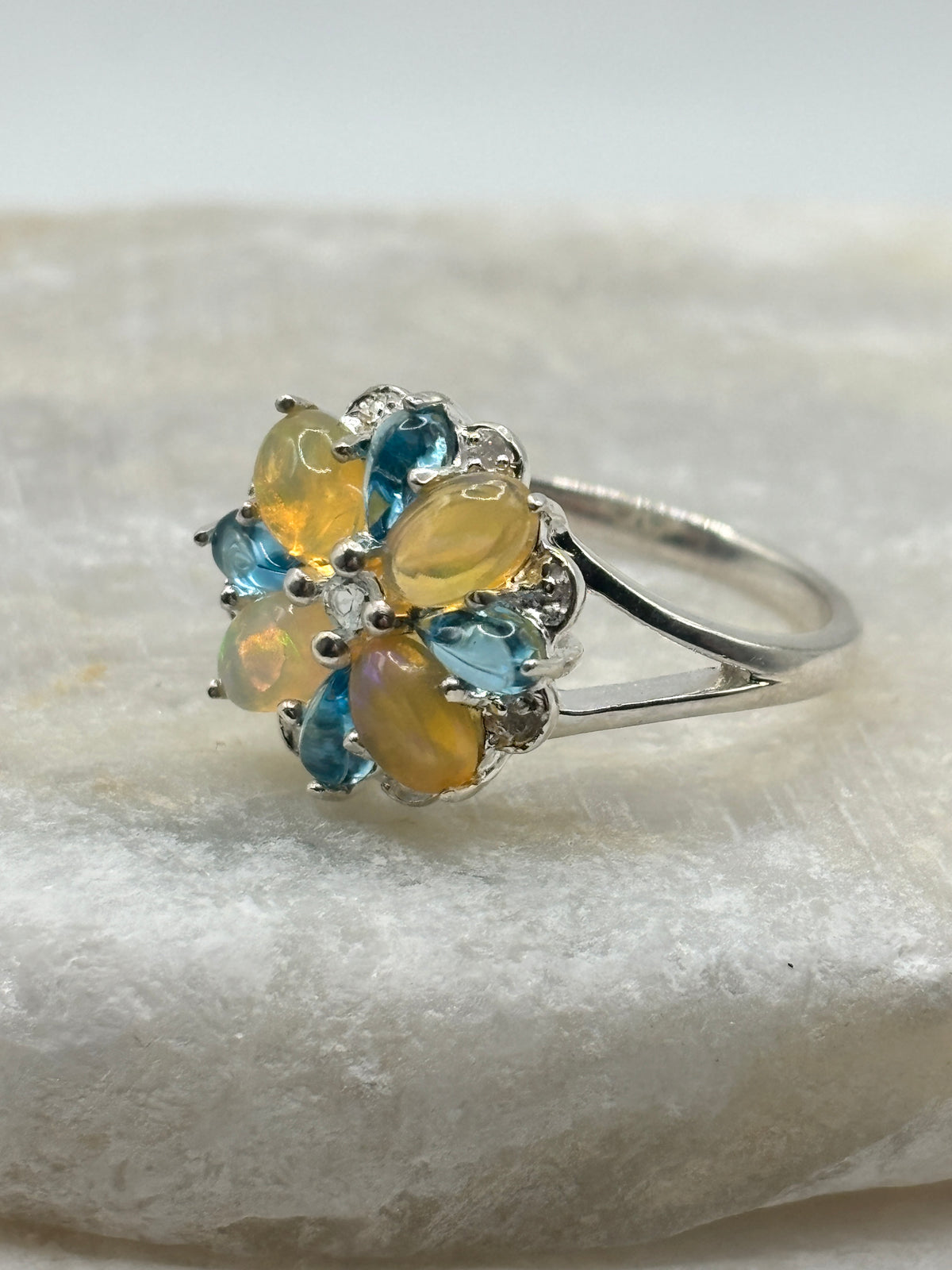 925 Sterling Silver Opal, Blue Appatite and Diamond Accented Statement Ring - Size S