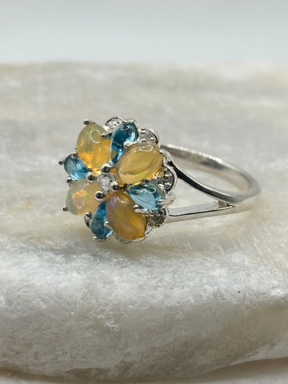 925 Sterling Silver Opal, Blue Appatite and Diamond Accented Statement Ring - Size S