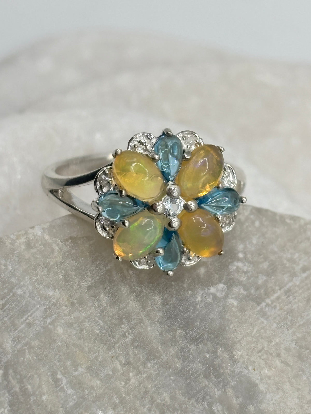 925 Sterling Silver Opal, Blue Appatite and Diamond Accented Statement Ring - Size S