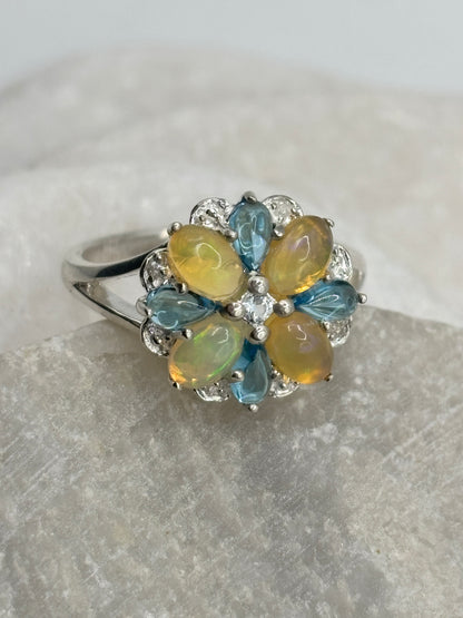 925 Sterling Silver Opal, Blue Appatite and Diamond Accented Statement Ring - Size S