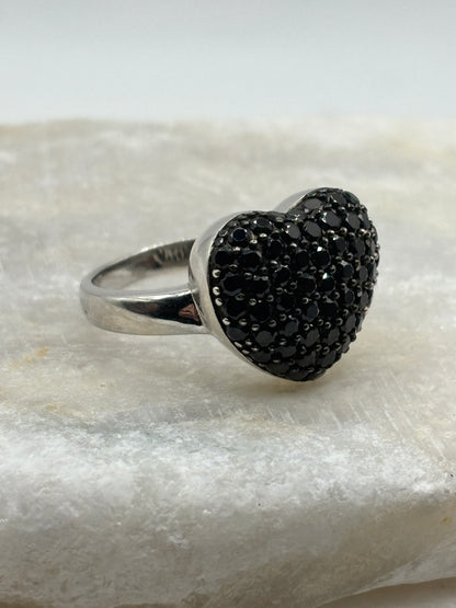 925 Sterling Silver Black Spinel Heart Ring - Size Q