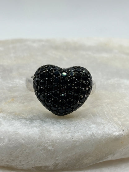 925 Sterling Silver Black Spinel Heart Ring - Size Q