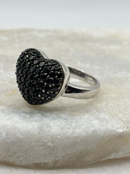 925 Sterling Silver Black Spinel Heart Ring - Size Q