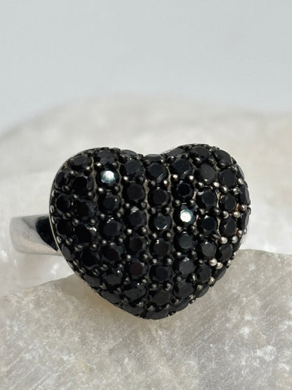 925 Sterling Silver Black Spinel Heart Ring - Size Q