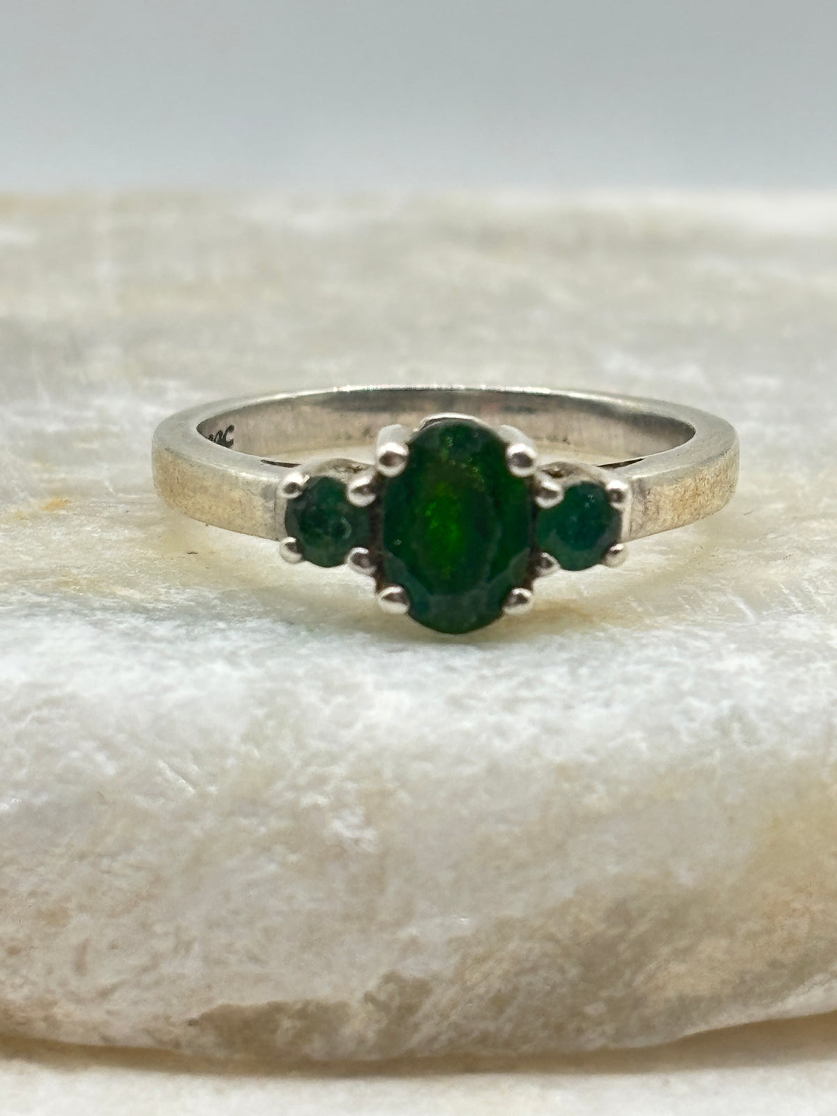 925 Sterling Silver Emerald Trilogy Ring - Size N