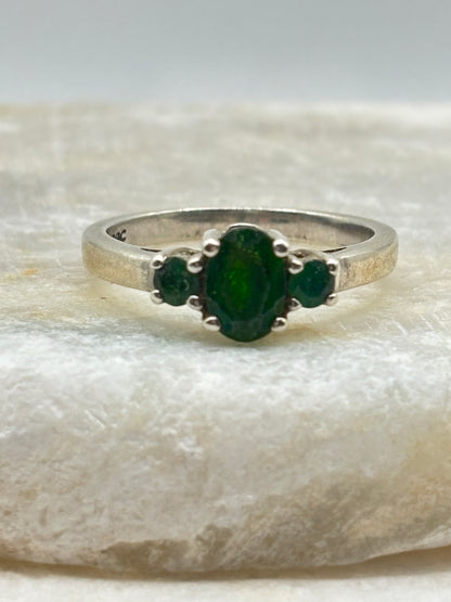 925 Sterling Silver Emerald Trilogy Ring - Size N