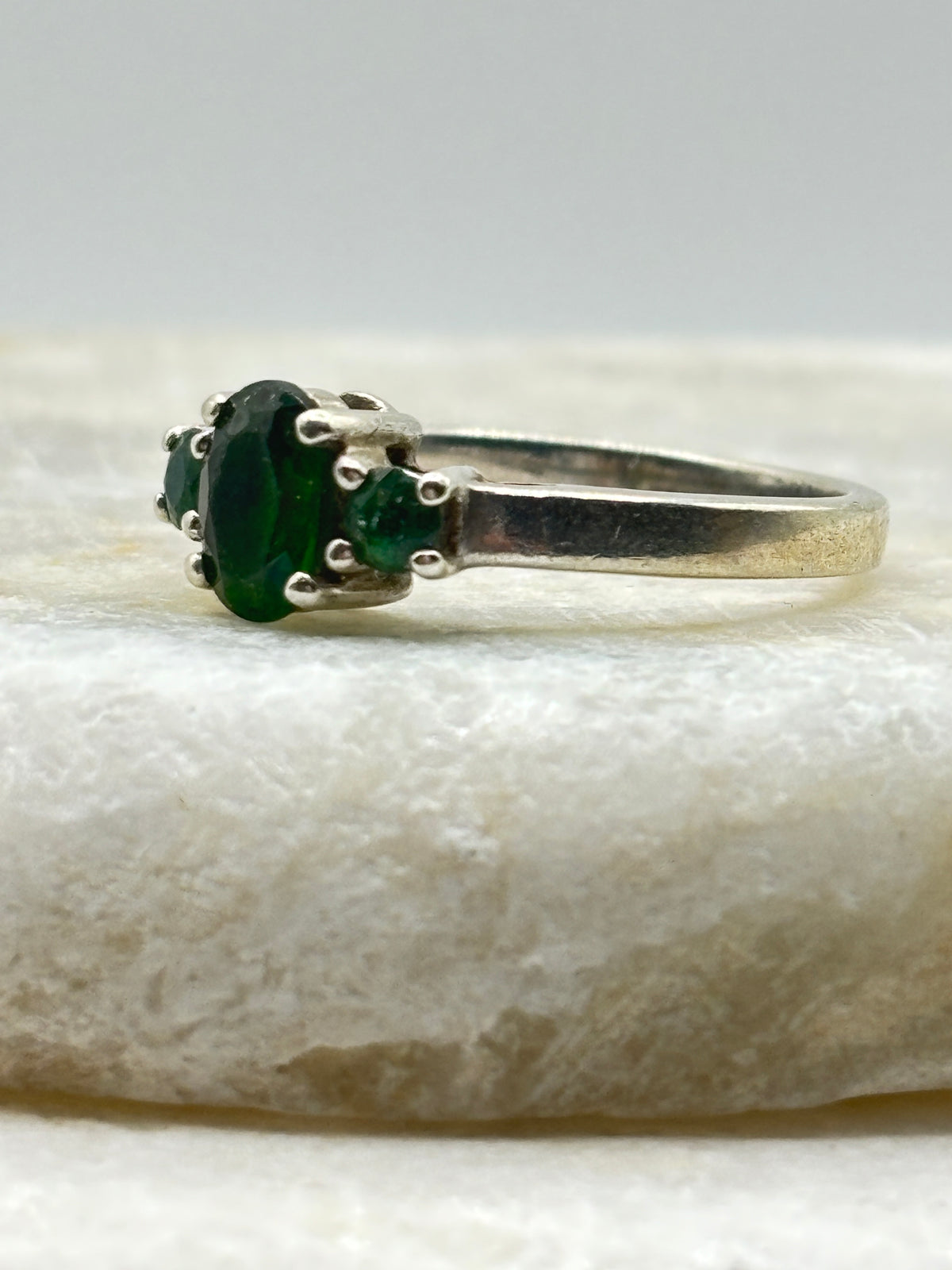 925 Sterling Silver Emerald Trilogy Ring - Size N