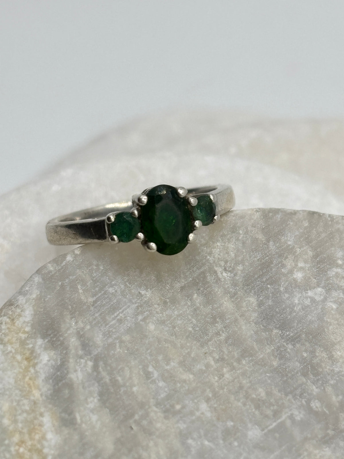 925 Sterling Silver Emerald Trilogy Ring - Size N