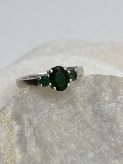 925 Sterling Silver Emerald Trilogy Ring - Size N